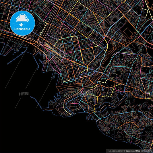 Kushiro, Hokkaidō, Japan, colorful city map on black background