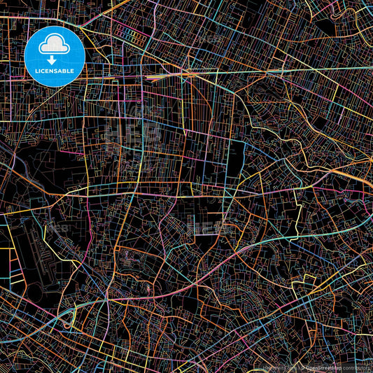 Mitaka, Tokyo, Japan, colorful city map on black background