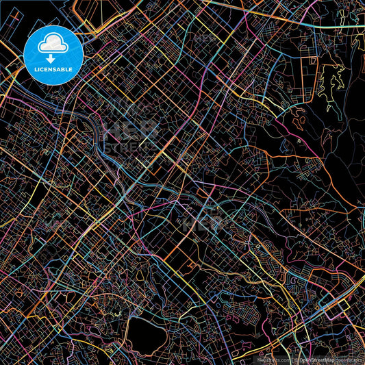 Izumi, Osaka, Japan, colorful city map on black background