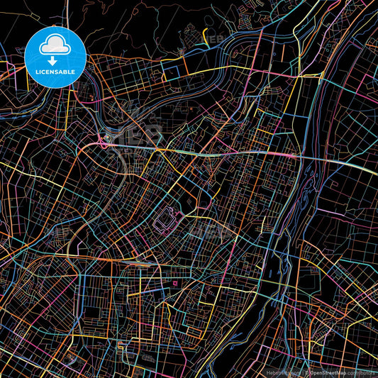 Takaoka, Toyama, Japan, colorful city map on black background