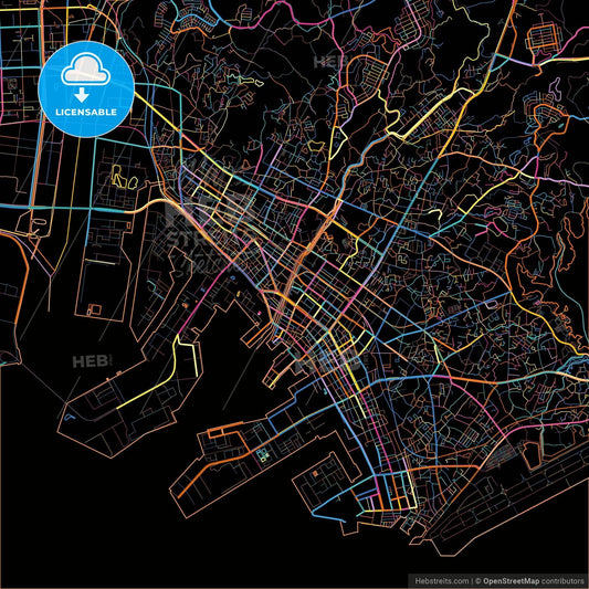 Ube, Yamaguchi, Japan, colorful city map on black background