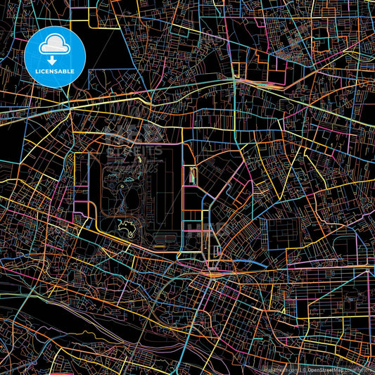 Tachikawa, Tokyo, Japan, colorful city map on black background