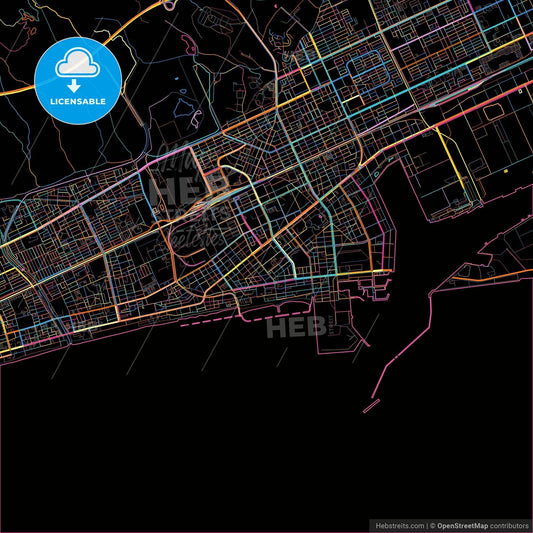 Tomakomai, Hokkaidō, Japan, colorful city map on black background