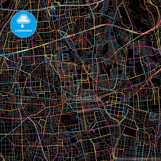 Iwata, Shizuoka, Japan, colorful city map on black background