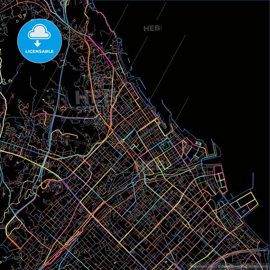 Imabari, Ehime, Japan, colorful city map on black background