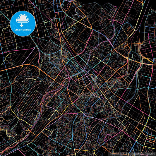 Matsusaka, Mie, Japan, colorful city map on black background