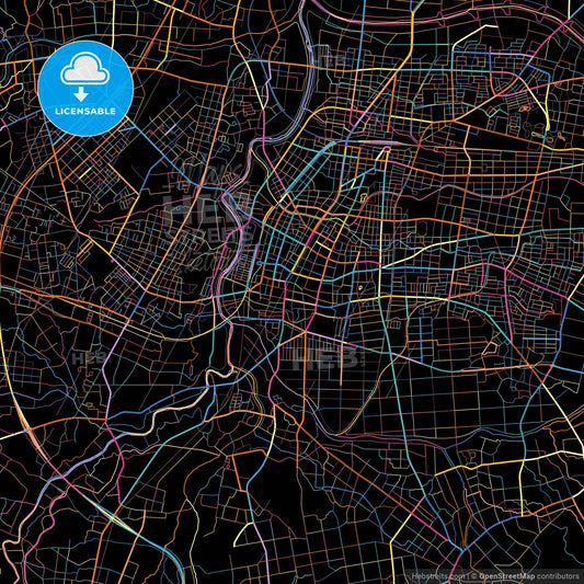 Miyakonojō, Miyazaki, Japan, colorful city map on black background