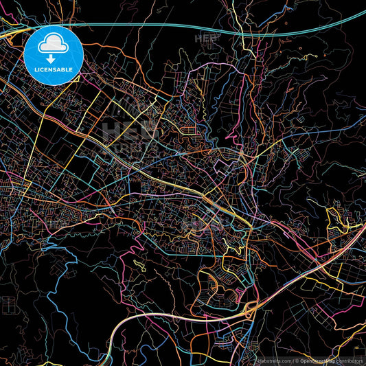 Hadano, Kanagawa, Japan, colorful city map on black background