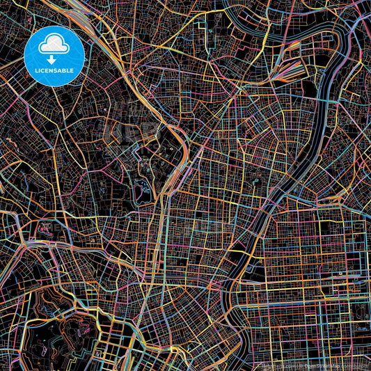 Taitō, Tokyo, Japan, colorful city map on black background
