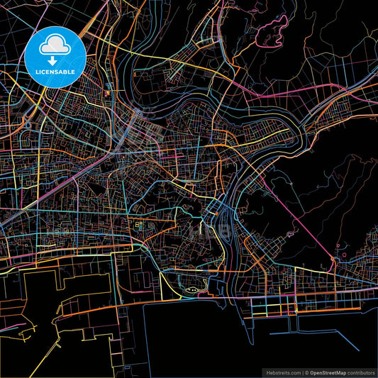 Ishinomaki, Miyagi, Japan, colorful city map on black background