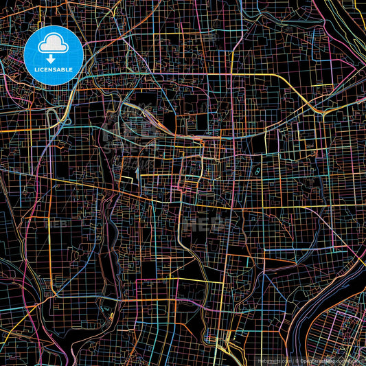 Ōgaki, Gifu, Japan, colorful city map on black background