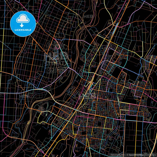 Oyama, Tochigi, Japan, colorful city map on black background