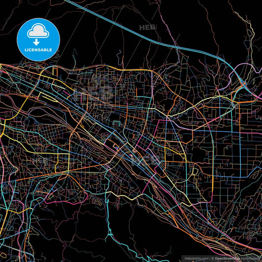 Ueda, Nagano, Japan, colorful city map on black background