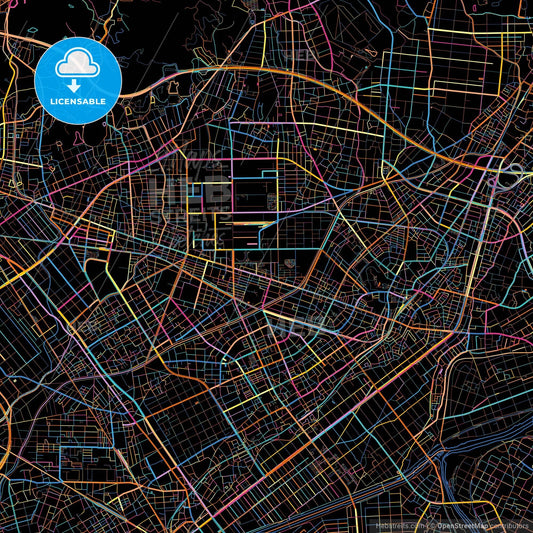 Toyokawa, Aichi, Japan, colorful city map on black background