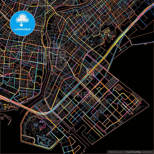 Urayasu, Chiba, Japan, colorful city map on black background