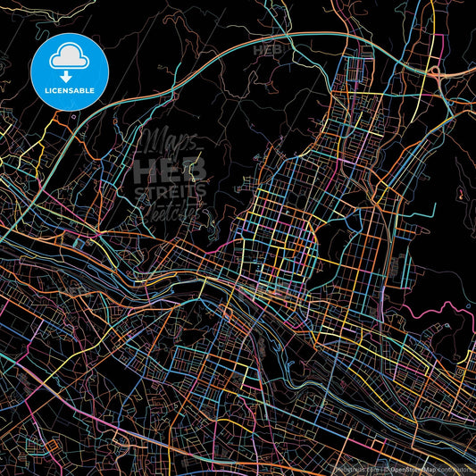 Ashikaga, Tochigi, Japan, colorful city map on black background