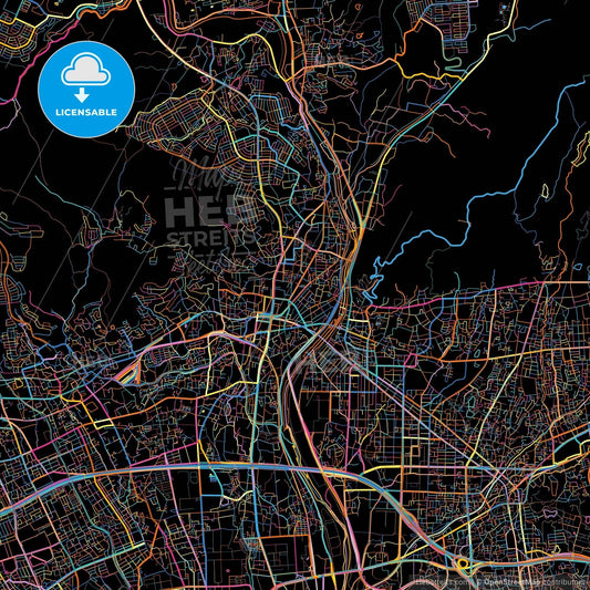 Kawanishi, Hyōgo, Japan, colorful city map on black background