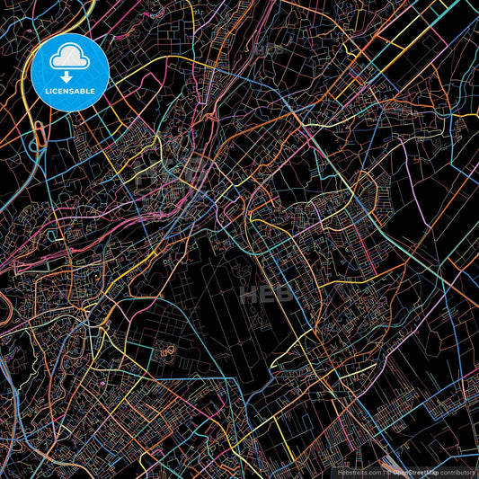 Sayama, Saitama, Japan, colorful city map on black background