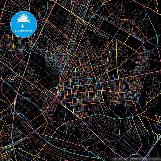 Hitachinaka, Ibaraki, Japan, colorful city map on black background