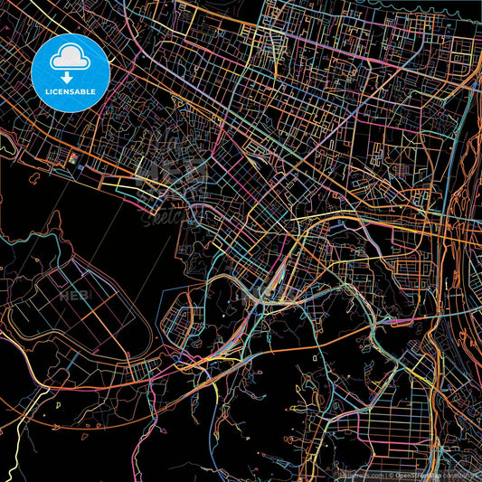 Yonago, Tottori, Japan, colorful city map on black background