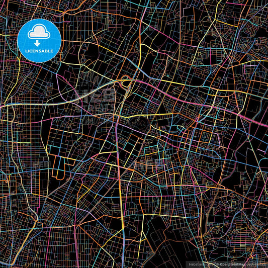 Komaki, Aichi, Japan, colorful city map on black background
