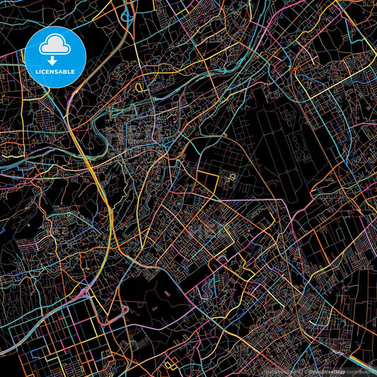 Iruma, Saitama, Japan, colorful city map on black background