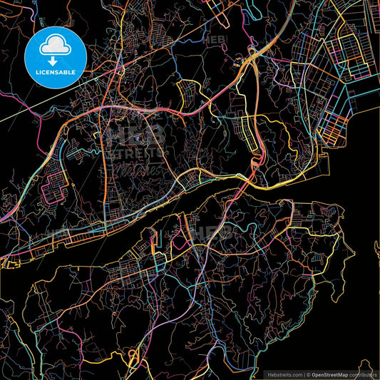 Onomichi, Hiroshima, Japan, colorful city map on black background