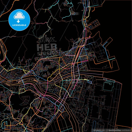 Iwakuni, Yamaguchi, Japan, colorful city map on black background