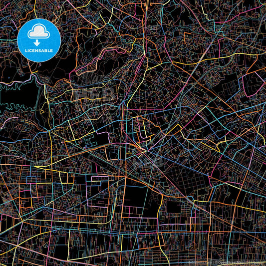 Higashimurayama, Tokyo, Japan, colorful city map on black background