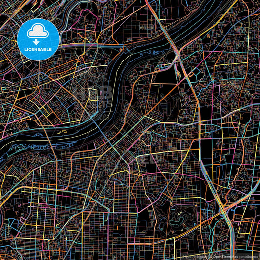 Moriguchi, Osaka, Japan, colorful city map on black background