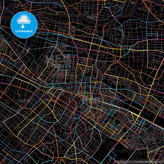 Fukaya, Saitama, Japan, colorful city map on black background
