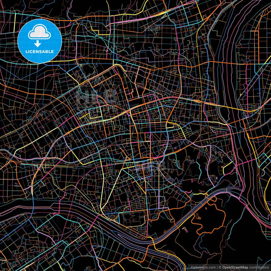 Izumo, Shimane, Japan, colorful city map on black background