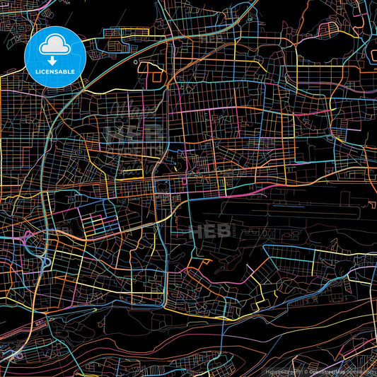 Kakamigahara, Gifu, Japan, colorful city map on black background