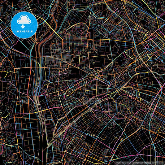 Kariya, Aichi, Japan, colorful city map on black background