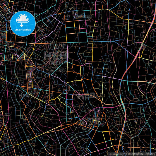 Koga, Ibaraki, Japan, colorful city map on black background