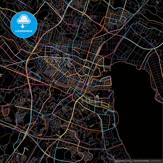 Tsuchiura, Ibaraki, Japan, colorful city map on black background