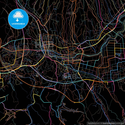 Isahaya, Nagasaki, Japan, colorful city map on black background