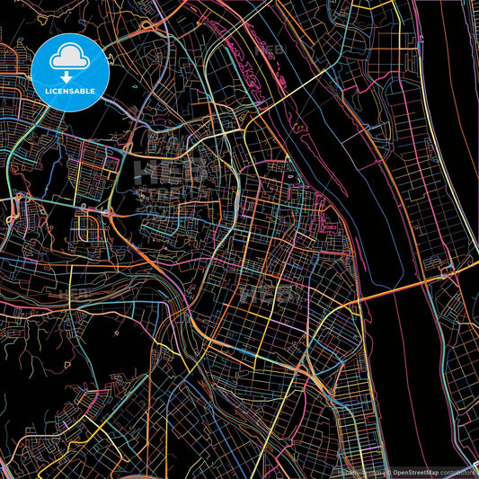 Kuwana, Mie, Japan, colorful city map on black background