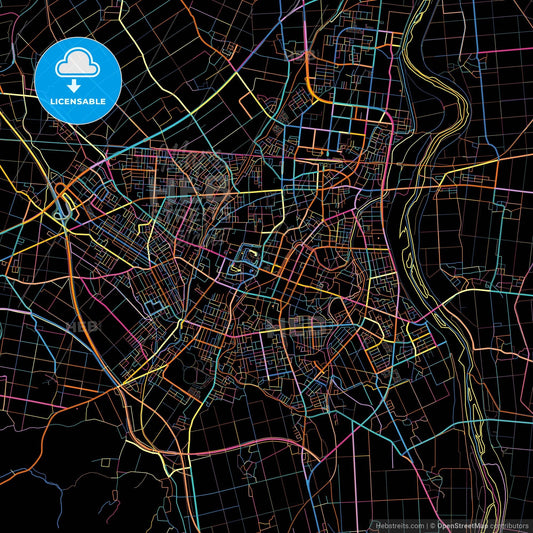 Tsuruoka, Yamagata, Japan, colorful city map on black background