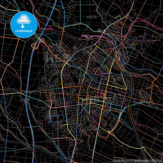 Ōsaki, Miyagi, Japan, colorful city map on black background