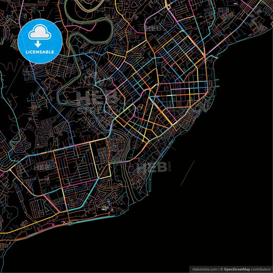 Davao City, Davao del Sur, Philippines, colorful city map on black background
