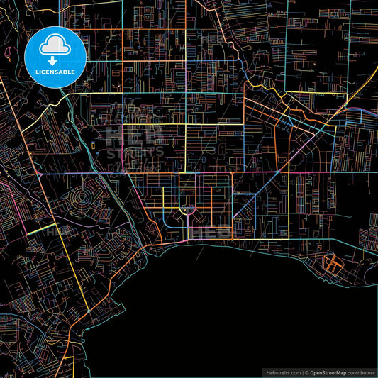 General Santos, South Cotabato, Philippines, colorful city map on black background