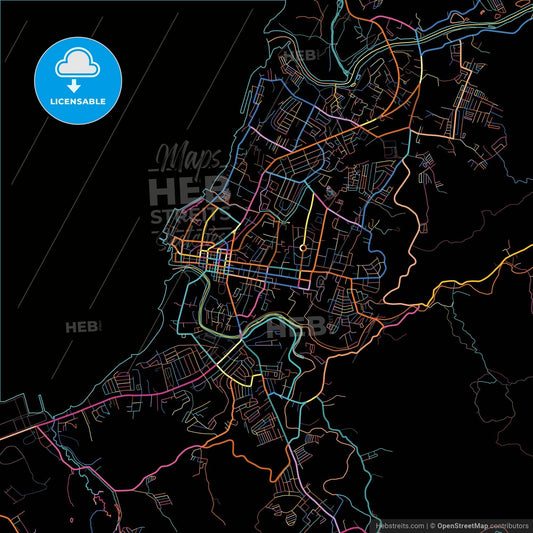Iligan, Lanao del Norte, Philippines, colorful city map on black background