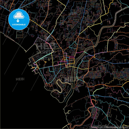 Batangas City, Batangas, Philippines, colorful city map on black background