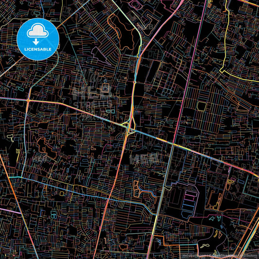 Pak Kret, Nonthaburi, Thailand, colorful city map on black background
