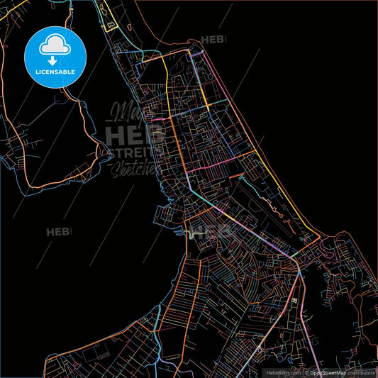 Songkhla, Songkhla, Thailand, colorful city map on black background