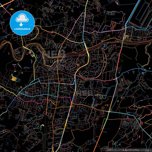 Chiang Rai, Chiang Rai, Thailand, colorful city map on black background