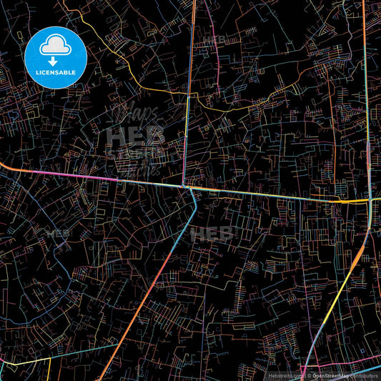 Om Noi, Samut Sakhon, Thailand, colorful city map on black background