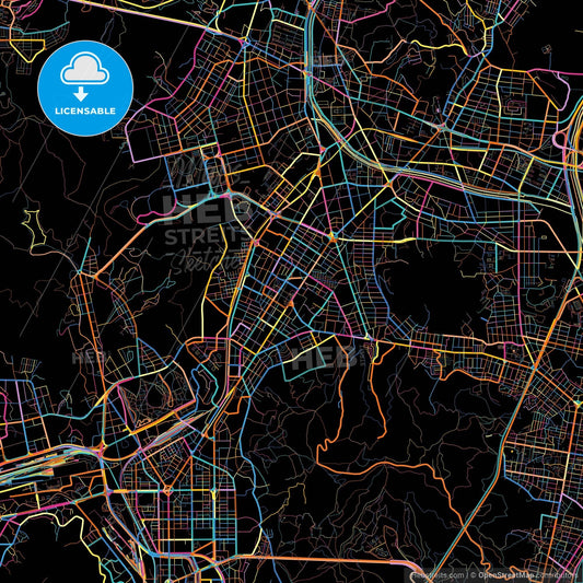 Busan, South Korea, colorful city map on black background