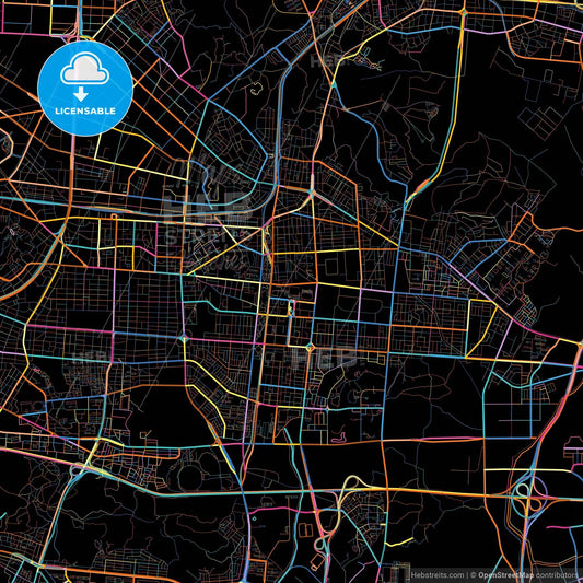 Incheon, South Korea, colorful city map on black background
